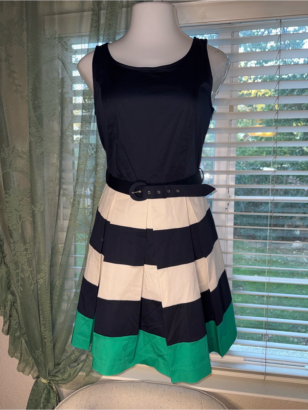 Banana Republic Navy, White & Green Striped Circle Skirt Dress with Belt